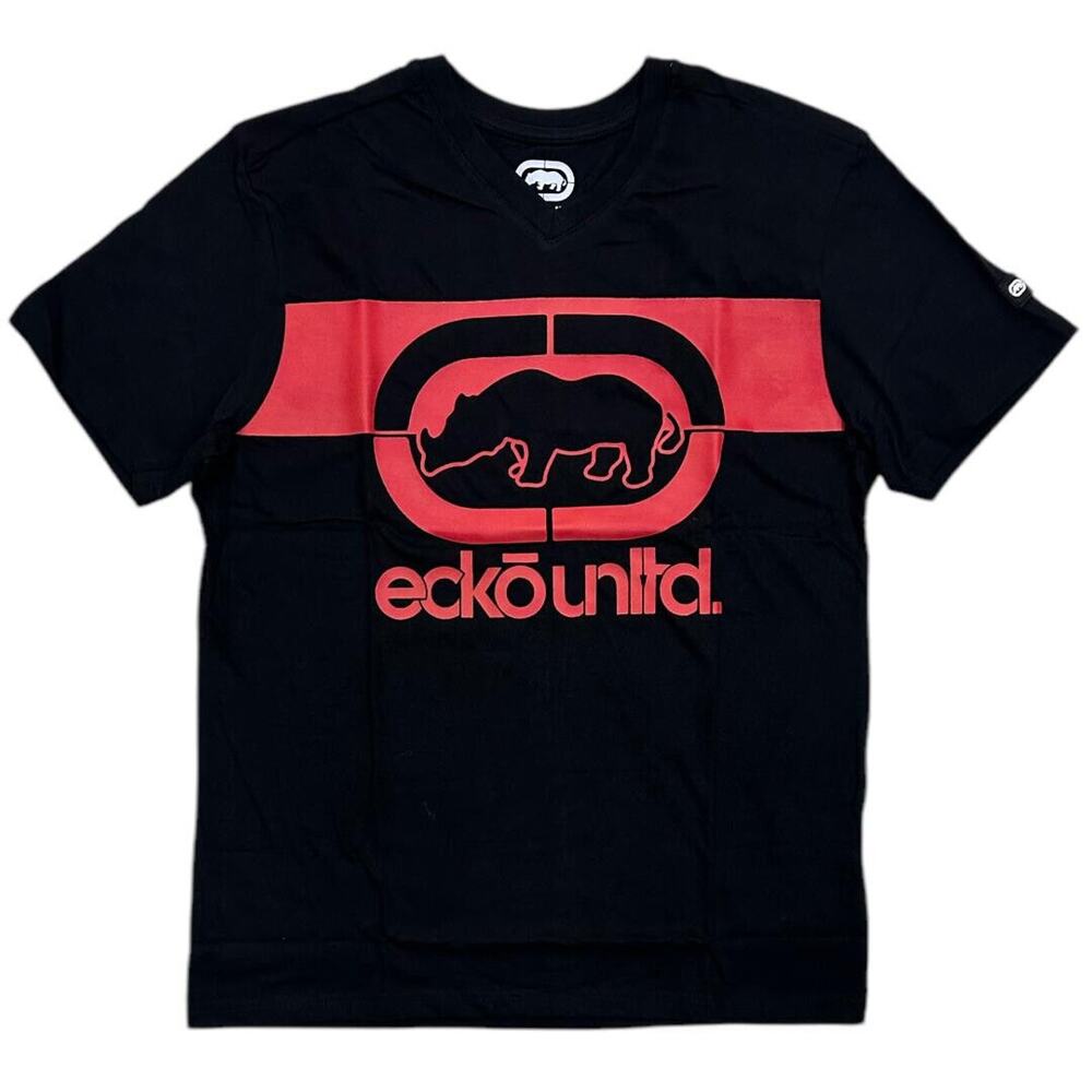 Ecko Unltd Men's V-Neck T-Shirt Classic Puff Print Logo Black Short Sleeve Tee